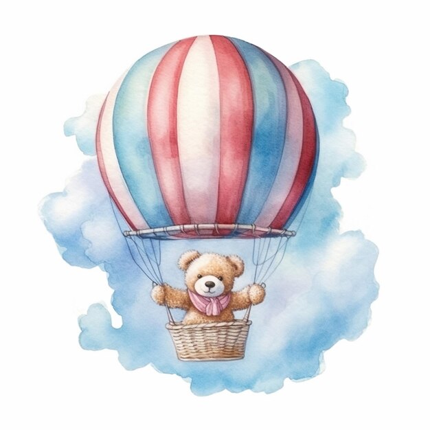Foto tem um ursinho de pelúcia voando em um balão generativo ai