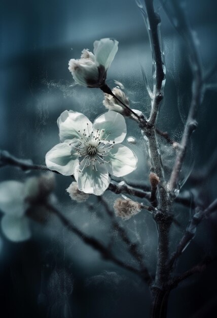 tem uma flor branca que está em um galho generativo ai