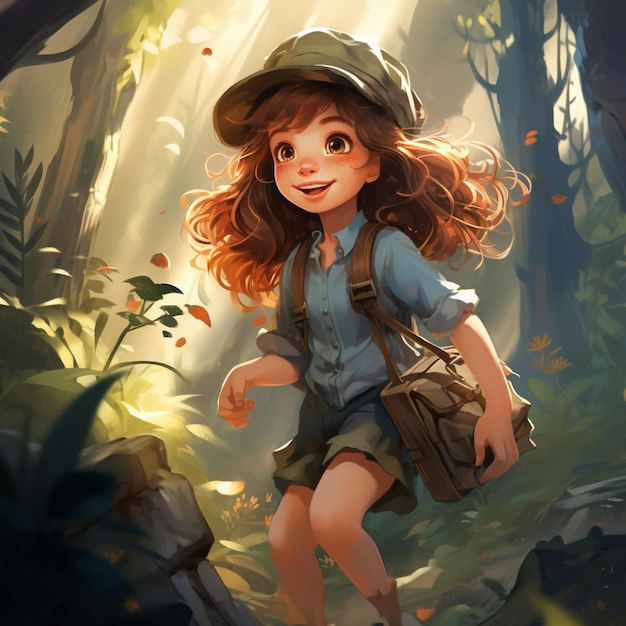 tem uma garota andando pela floresta com uma mochila generativa ai