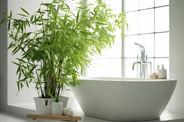 tem uma planta em um vaso ao lado de uma banheira generativa ai