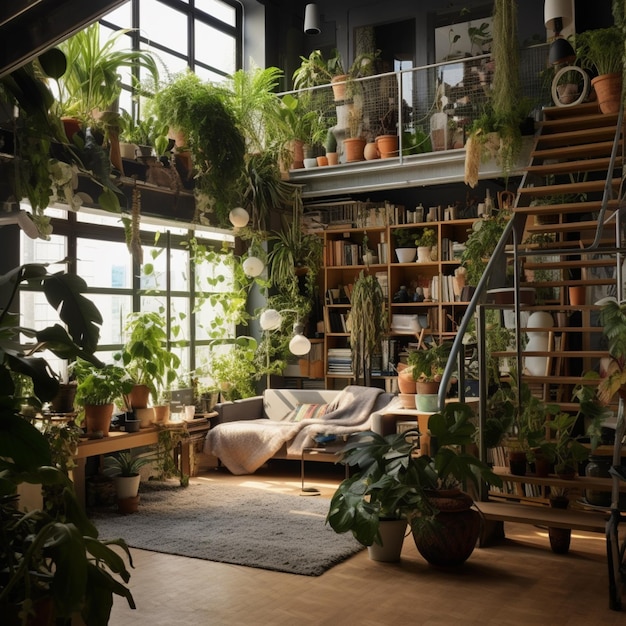 tem uma sala com muitas plantas e um sofá generativo ai