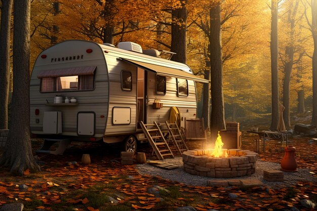 Tema de acampar en una caravana en el bosque en el otoño vida de acampada