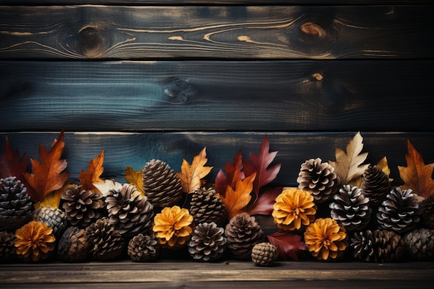 Tema de Acción de Gracias Símbolos de otoño en una mesa de madera rústica Fotografía de alta calidad de la vista superior