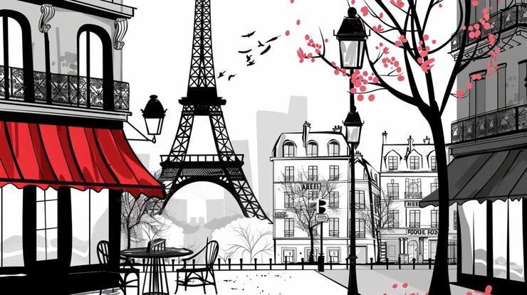 Foto tema ao ar livre de paris com a torre eiffel e uma padaria em desenho vintage de contorno grosso