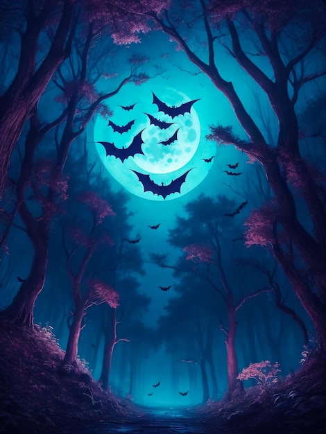 Tema del bosque de Halloween murciélago volando a la luz de la luna ilustración 3D