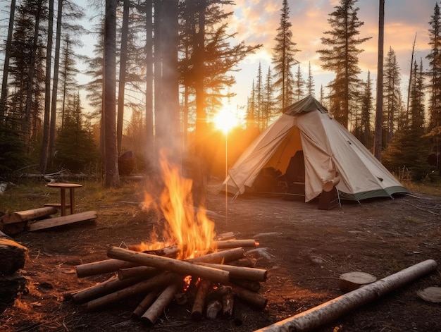 Tema de camping con una tienda de campaña y una fogata en un claro del bosque al aire libre