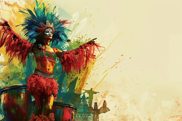 Foto tema del carnaval brasileño con bailarines tambores de samba y cristo redentor con espacio para copiar