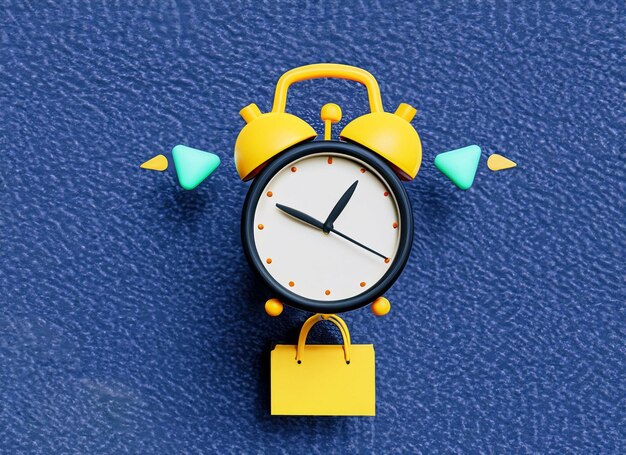 Tema de compras 3D que incluye un reloj despertador con dos campanas sobre fondo azul