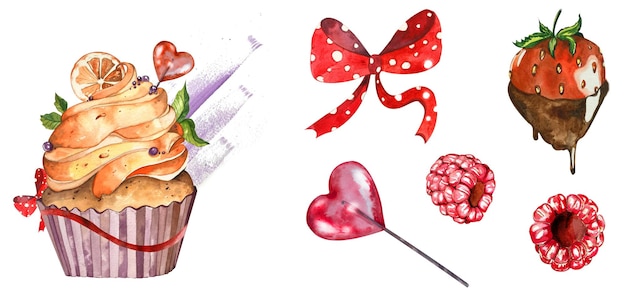 El tema del conjunto postres pastel brillante con pedazos de naranja en un envoltorio de lila crema fresas frambuesas piruleta en forma de corazón arco para menús blogs culinarios postales recetas textiles