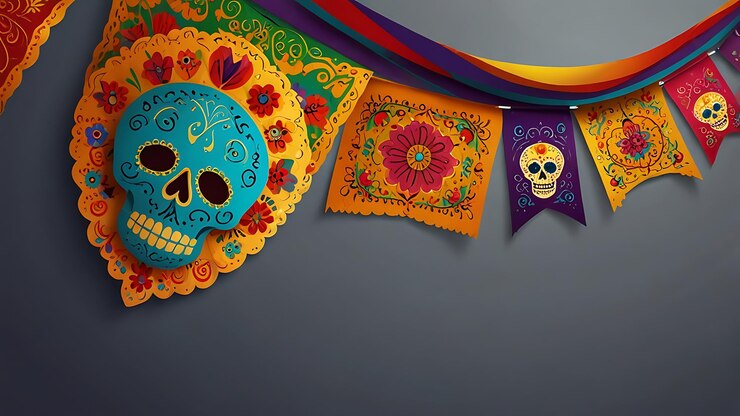 Tema creativo del Mes de la Herencia Hispánica estilo de diseño de la decoración de la bandera dia de los muertos