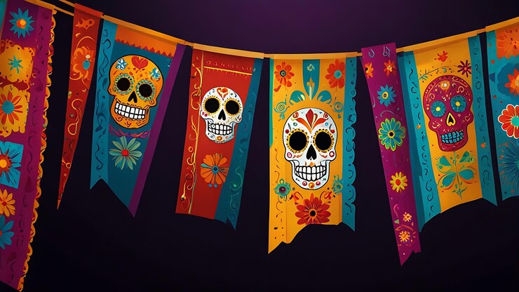 Tema creativo del Mes de la Herencia Hispánica estilo de diseño de la decoración de la bandera dia de los muertos