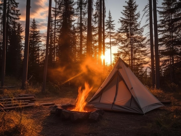 Tema de acampamento com uma tenda e uma fogueira em uma clareira na floresta ao ar livre