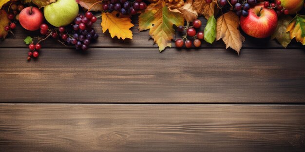 Tema de ação de graças vintage com folhas caídas, frutas e arranjo de mesa na velha superfície de madeira