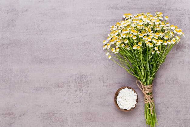 Tema de aromaterapia de camomila, cosmético feito à mão. espaço para ervas medicinais e textuais de flores
