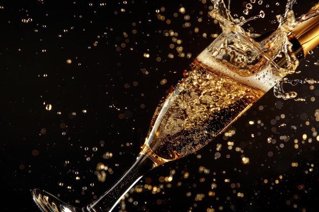 Foto tema de celebração com champanhe espalhado isolado em fundo preto
