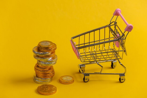 Tema de compras. Carrinho de mini supermercado com moedas em amarelo.