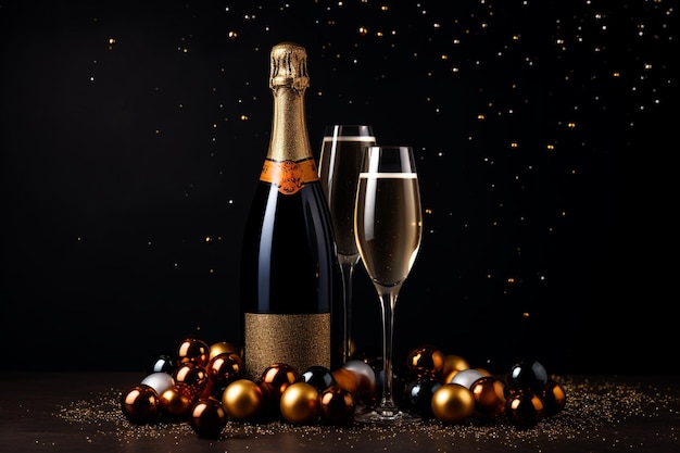 Tema de festa de Natal Premium com garrafa de champanhe, copos de vinho, confete dourado e bolas decorativas em um fundo escuro elegante, arranjo plano com espaço de cópia.