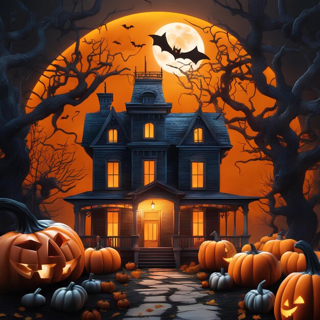 Tema de halloween casa de sombra árvores mortas halloween abóboras lua prateada