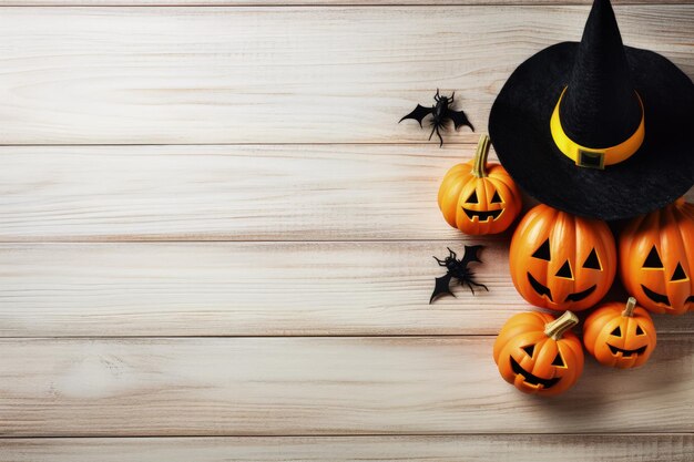 Tema de Halloween com abóboras e decorações em fundo claro.