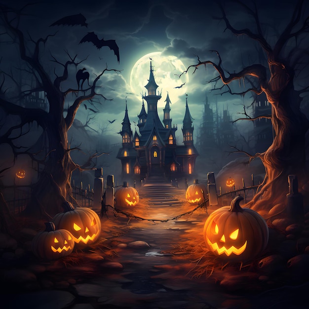 Tema de Halloween com lua grande e abóboras na ilustração de fundo da noite escura