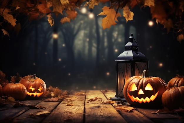 Tema de Halloween na mesa de madeira com ação de graças de espaço de cópia Generative AI