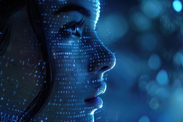 Tema de inteligência artificial com rosto feminino e código binário