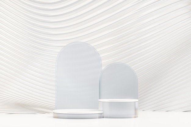 Tema de luz de pódio de passo de vidro transparente de dois cilindros Fundo branco. renderização de ilustração 3D.