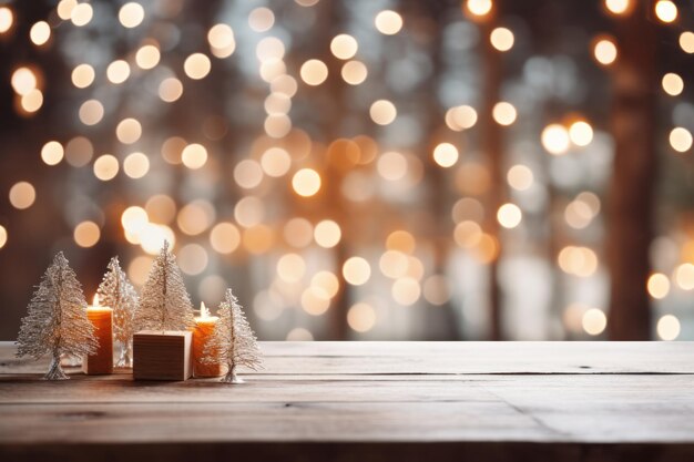 tema de natal de mesa de madeira marrom vazia com luz noturna abstrata bokeh espaço de cópia de fundo para exibição de produto ou apresentação de objeto de montagem IA generativa