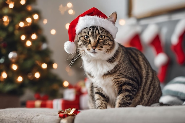 Tema de Natal Gato usando um chapéu de Papai Noel com decorações de Natal ao fundo