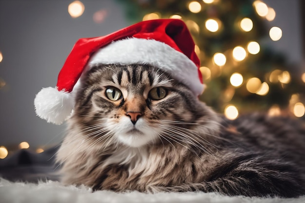 Tema de Natal Gato usando um chapéu de Papai Noel com decorações de Natal ao fundo