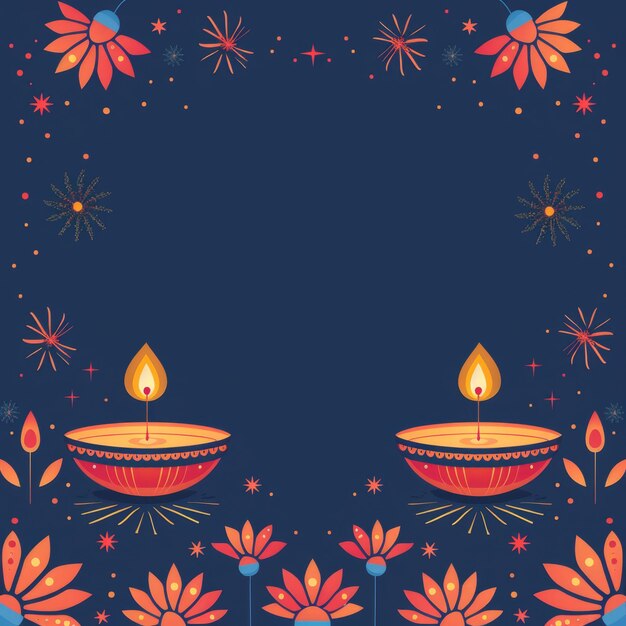 Foto tema de diwali minimalista con lámparas geométricas, streamers y borda de luces de hadas