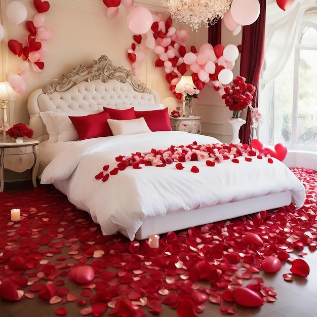 Tema do Dia dos Namorados com balões de coração e rosas
