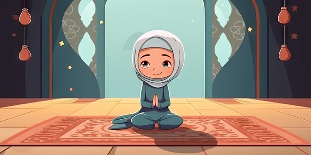 El tema de eidaladha la fiesta del sacrificio ilustración de una linda chica musulmana en estilo de dibujos animados ge