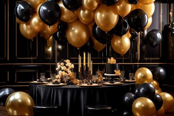 Concepto De Fiesta De Decoración Sobre Fondo Negro. Globos Negros Dorados.  Foto de archivo - Imagen de globos, nadie: 207466132