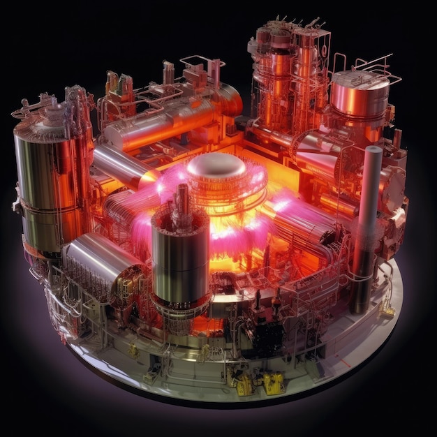 Tema de la fusión nuclear Gran instalación experimental en un laboratorio con plasma generado a altas temperaturas IA generativa