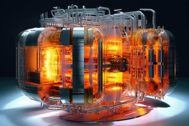 Tema de la fusión nuclear Gran instalación experimental en un laboratorio con plasma generado a altas temperaturas IA generativa