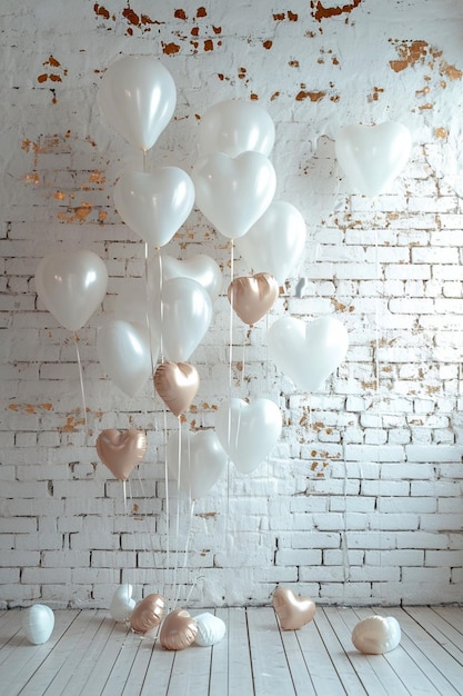 un tema con globos blancos y corazones flotantes