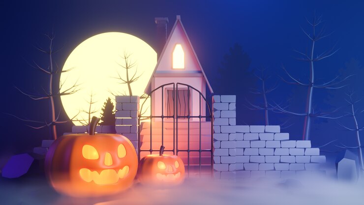 Tema de Halloween con calabazas y una casa por la noche.