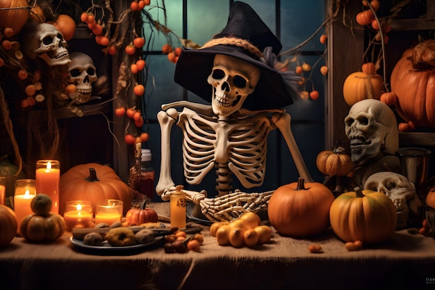 un tema de Halloween con esqueleto de calabaza y vela en el medio