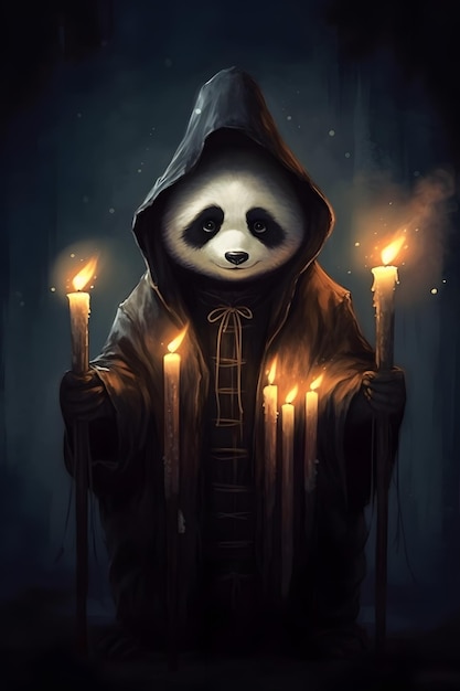 tema de Halloween oscuro un panda en un abrigo largo sostiene una vela