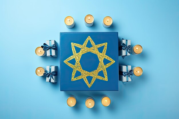 Foto tema de hanukkah con regalos de menorá y dreidel en telón de fondo azul perspectiva aérea