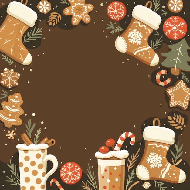 Foto tema minimalista de natal com meias geométricas, pão de gengibre e cacau quente