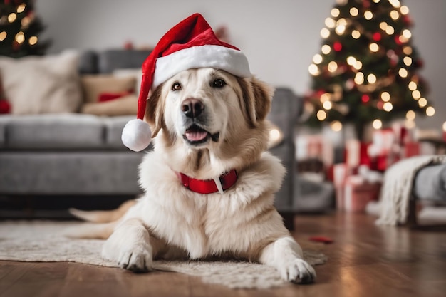 Tema de Navidad Perro con un sombrero de Papá Noel con decoraciones navideñas en el fondo