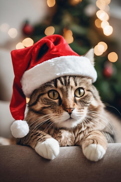 Foto tema navideño gato con gorro de papá noel y adornos navideños de fondo