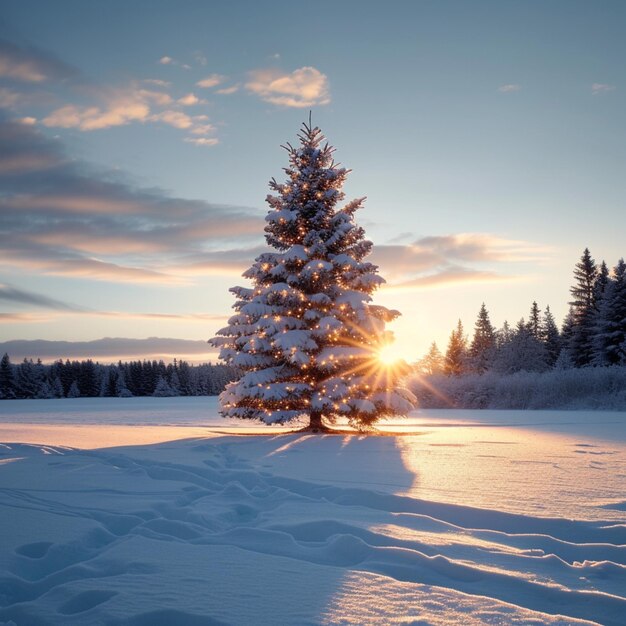 Tema navideño de invierno pino cubierto de nieve o árbol de Navidad decorado al aire libre Para Social Media Post