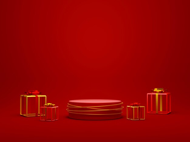 Tema navideño de podio geométrico con caja de regalos ilustración 3d