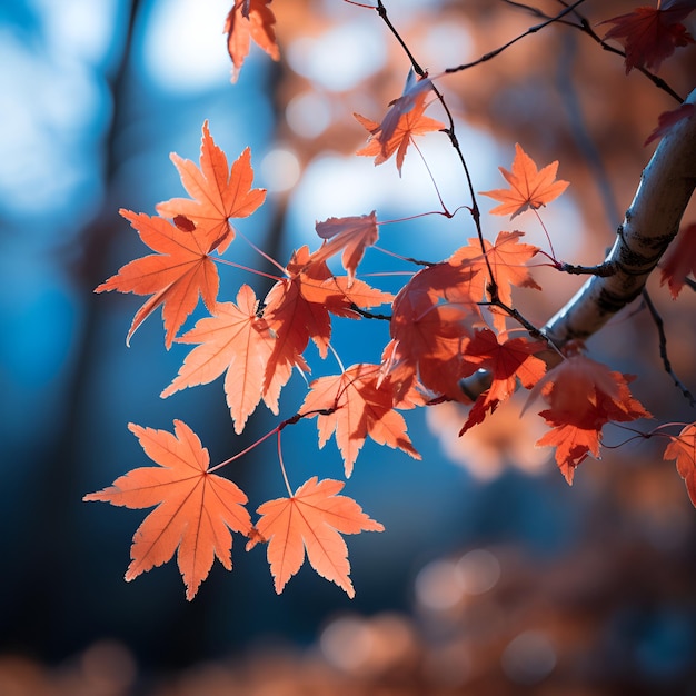 Tema de otoño con hojas de arce brillantes con fondo azul IA generativa