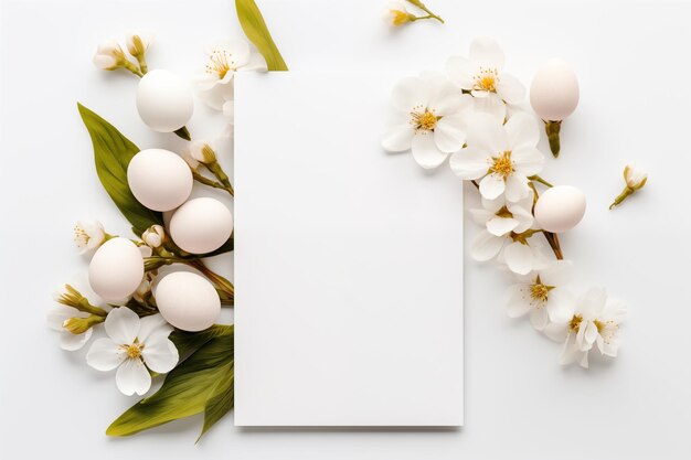 Tema de Pascua de primavera Hoja en blanco sobre un fondo blanco con huevos y ramas de un árbol en flor