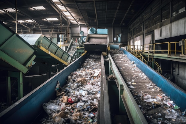 El tema del reciclaje de desechos podría representar una instalación donde los desechos se clasifican y procesan para su reutilización IA generativa