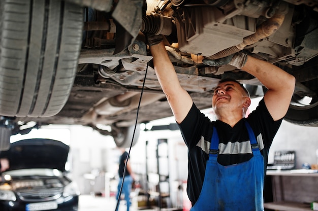 Tema de reparación y mantenimiento de automóviles. Mecánico en uniforme trabajando en autoservicio.
